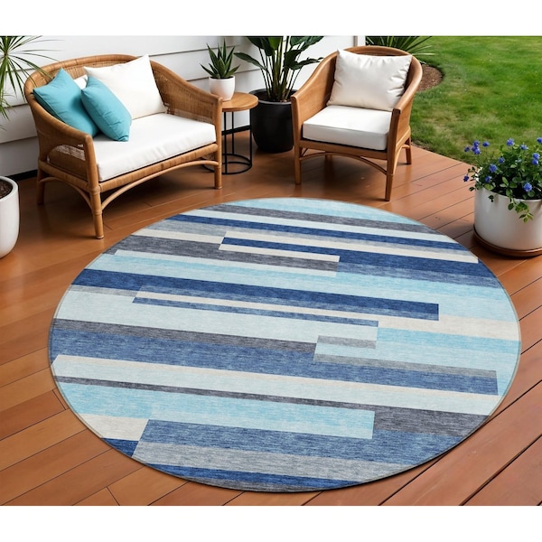 Homeroots 8' Blue Gray And Ivory Round Striped Washable Indoor Outdoor Area Rug 613262 - main