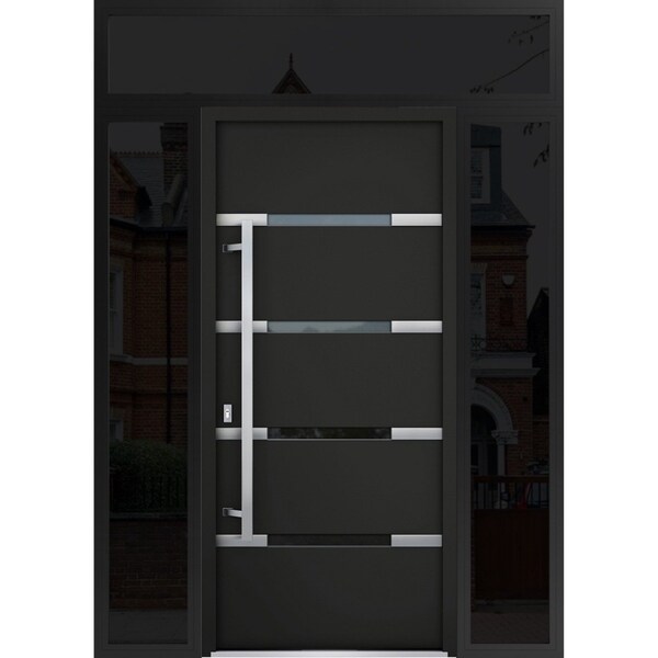 Vdomdoors Steel Door Deux 1105 Black Enamel 2 Sidelight and Transom Window Sidelite Stainless Inserts Entry D DEUX1105EXD-BLK-W14+36+14xH80+16-RH-O - main
