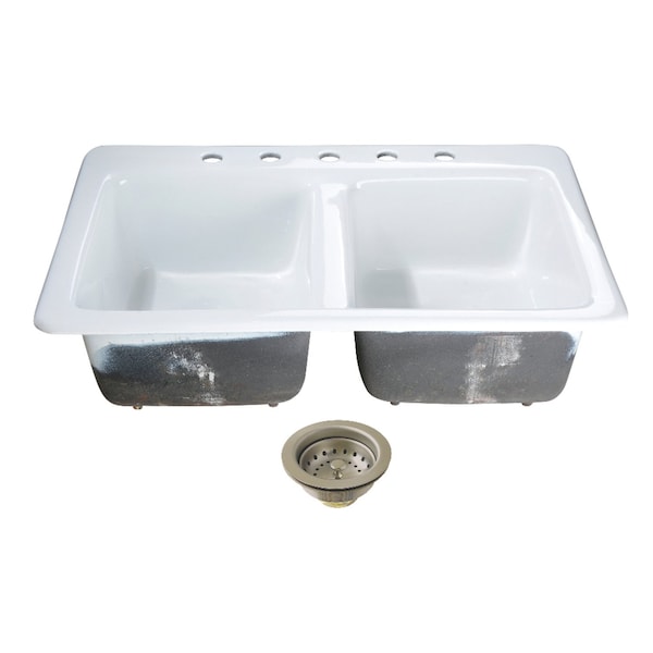 Kingston Brass 33-Inch Cast Iron Self-Rimming Double Bowl Drop-In Kitchen Sink, 5-Hole with Basket Strainers x 2 KGT33229D58 - main