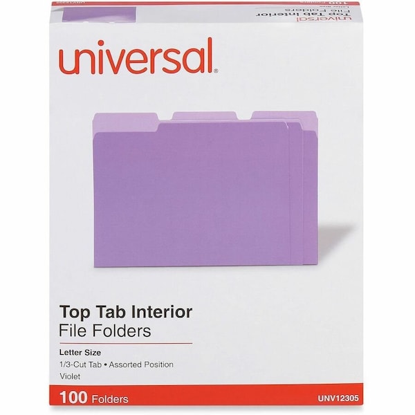 Universal Universal Recycled Interior File Folders, 1/3 Cut Top Tab, Letter, Violet, 100/Box UNV12305*** - main