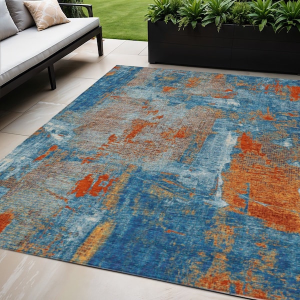 Homeroots 5' X 8' Navy Blue Orange And Ivory Abstract Washable Indoor Outdoor Area Rug 596879 - main