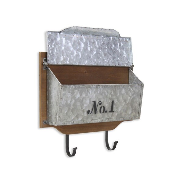 Homeroots 14" Brown And Gray Metal And Solid Wood Mail Box With Lid 399684 - main