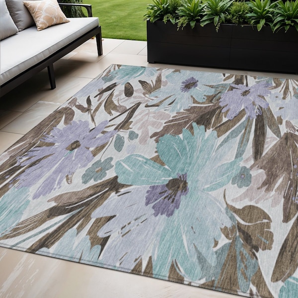 Homeroots 5' X 8' Taupe And Lilac Floral Washable Indoor Outdoor Area Rug 610999 - main