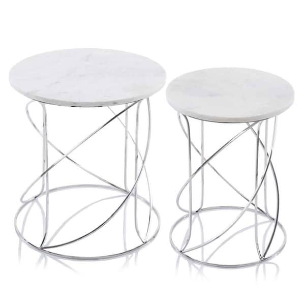 Homeroots Set of Two White and Silver Marble and Metal Round Pedestal End Tables, 2PK 354675 - main