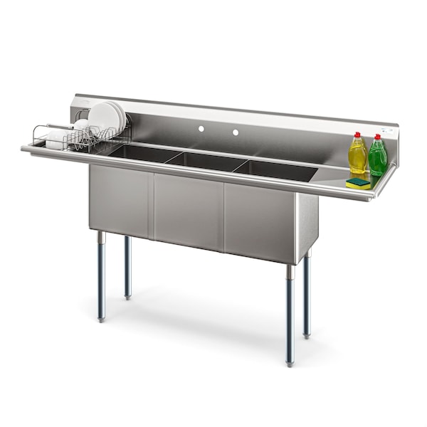 Koolmore 75 in. Three Compartment Sink, Bowl Size 15x15x14, 16 Gauge Stainless-Steel with 2 Drainboards KM-SC151514-15B316 - main