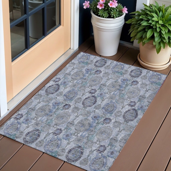 Homeroots 3' X 5' Navy Blue And Sky Blue Damask Washable Indoor Outdoor Area Rug 588142 - main