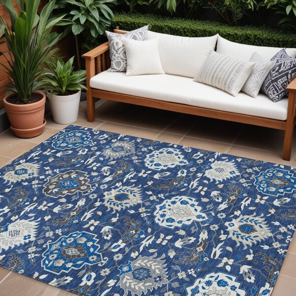 Homeroots 10' X 14' Navy Blue Charcoal And Ivory Damask Washable Indoor Outdoor Area Rug 599441 - main