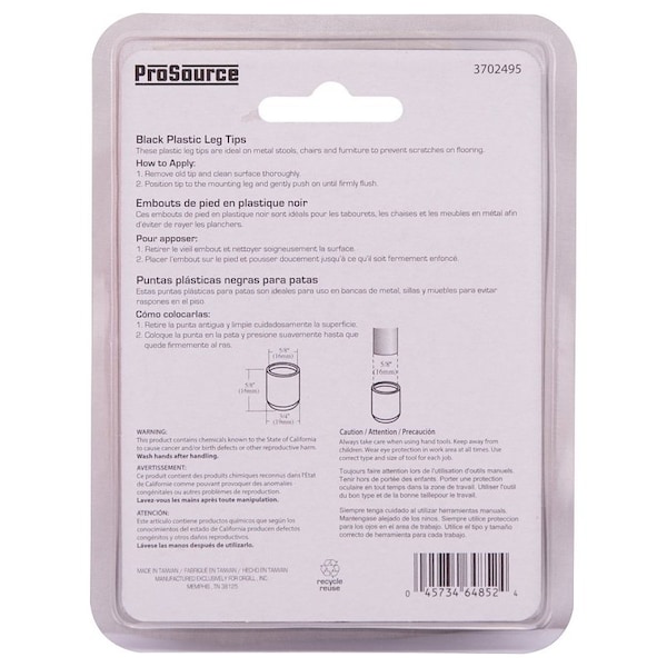 Prosource Furniture Leg Tip, Round, Plastic, Black, 5/8 in Dia, 5/8 in H FE-50602-PS - main