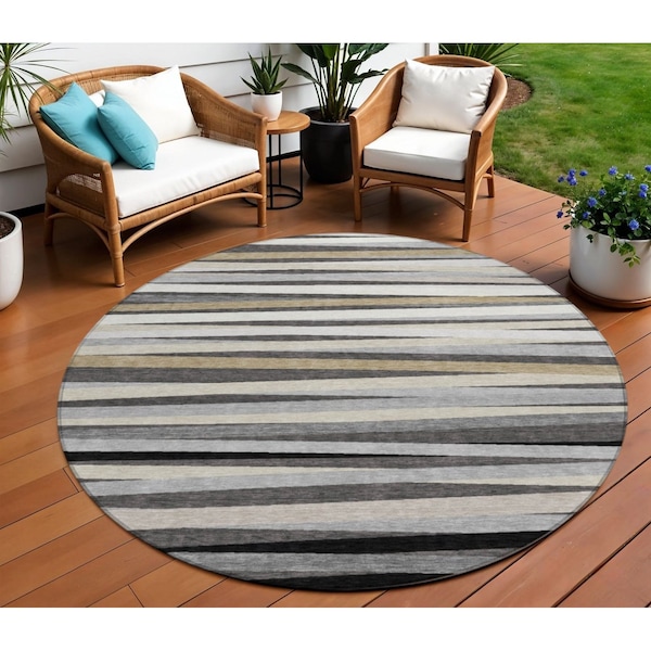 Homeroots 8' Gray Ivory And Beige Round Striped Washable Indoor Outdoor Area Rug 597327 - main