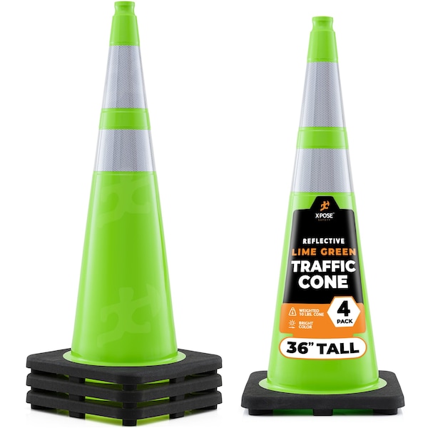 Xpose Safety Traffic Safety Cone, 36 in, Premium PVC, Dual 6 in & 4 in Reflective Collar, Lime Green, 4 pk LTC36-64-4-X-S - main