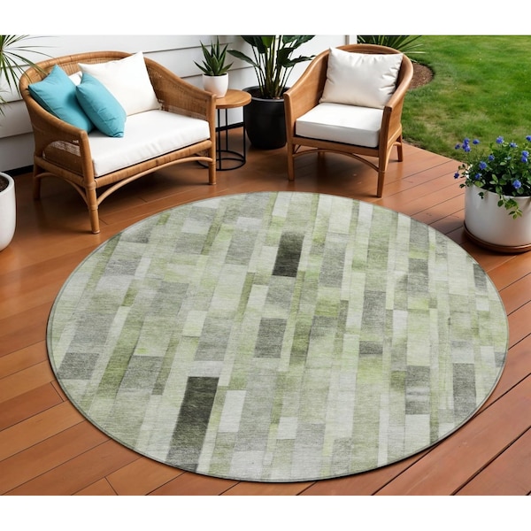Homeroots 8' Green And Gray Round Striped Washable Indoor Outdoor Area Rug 615520 - main