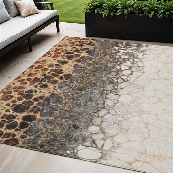 Homeroots 5' X 8' Ivory Gray And Gold Abstract Washable Indoor Outdoor Area Rug 582525 - main