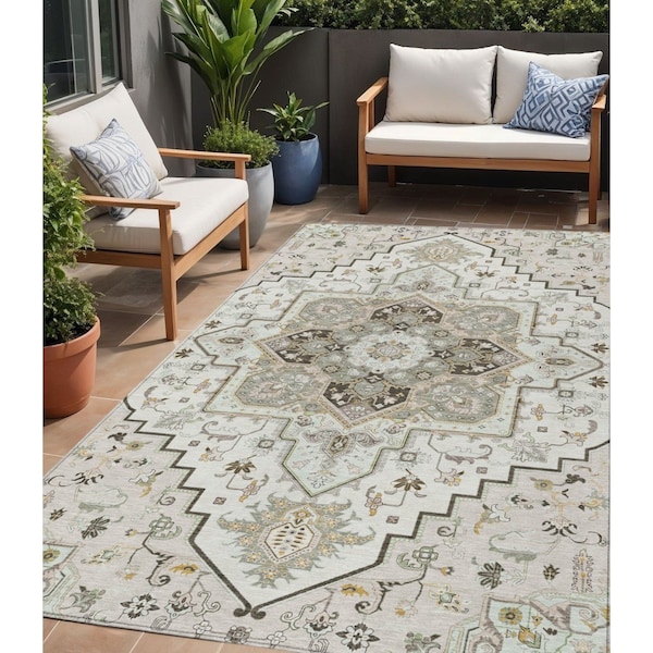 Homeroots 5' X 8' Ivory And Brown Oriental Washable Indoor Outdoor Area Rug 600163 - main