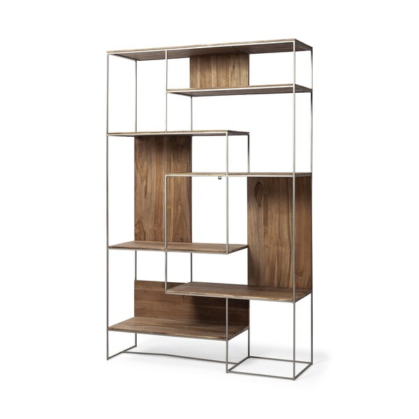 Homeroots 75" Brown And Silver Metal and Wood Six Tier Bookcase 380386 - main