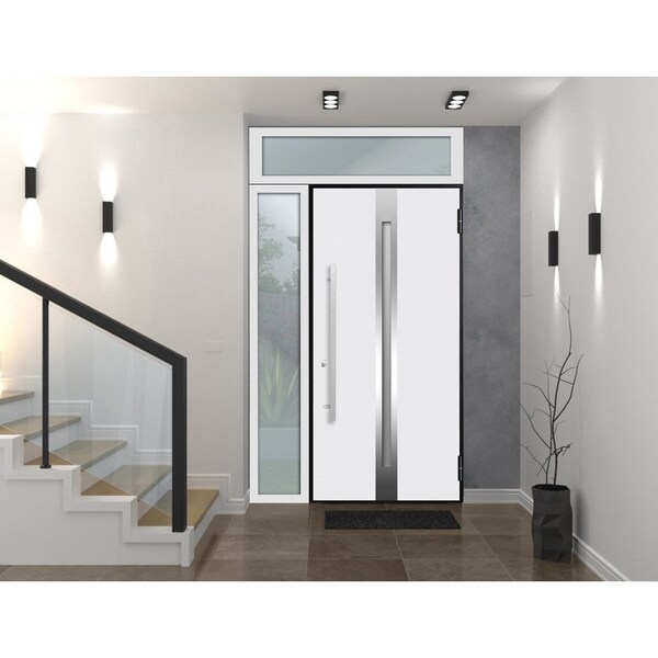 Vdomdoors Steel Door Deux 1744 Natural Oak Sidelight and Transom White Window Stainless Inserts Single Modern DEUX1744EXD-OAKW-W36+12 x H80+16-Left-hand Inswing - main