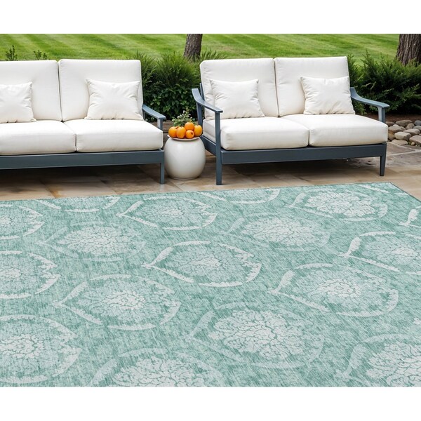 Homeroots 10' X 14' Turquoise Teal Blue And Ivory Medallion Washable Indoor Outdoor Area Rug 587775 - main