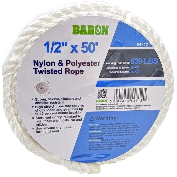 Baron Rope, 1/2 in Dia, 50 ft L, Nylon, White 54712 - main