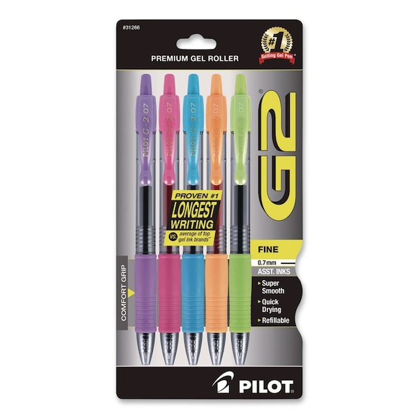 Pilot G2 Premium Gel Ink Pen, Retractable, Fine 0.7 mm, Assorted Ink and Barrel Colors, 5PK 31266 - main