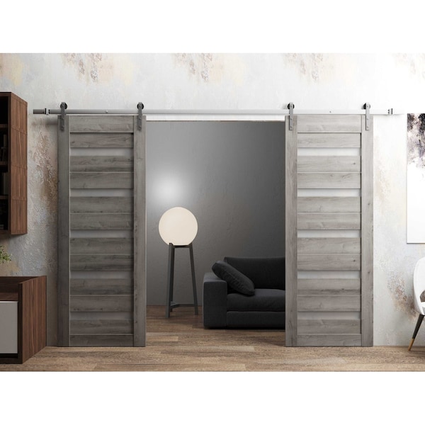 Sartodoors Sturdy Dbl Barn Door 48 x 80in, Nebraska Grey W/ Frosted Glass, SS 13FT Rail Hangers Heavy Set QUADRO4445DB-S-NEB-48 - main