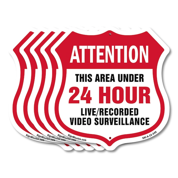 Signmission 24 Hour Surveillance Shield Sign Attenti, 12 inch X 12 inch, Aluminum Metal Sign, 5PK SHI-A-5Pack-12-349 - main