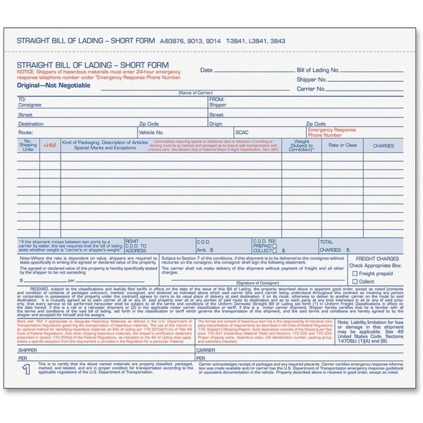 Tops Products TOPS, Hazardous Material Short Form, 7 X 8 1/2, Three-Part Carbonless, 250 Forms L3841 - main