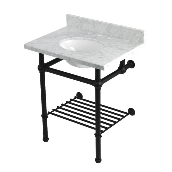Kingston Brass 30-Inch Carrara Marble Console Sink with Brass Legs and Shelf, 8-Inch, 3-Hole KVPB30MBB0 - main