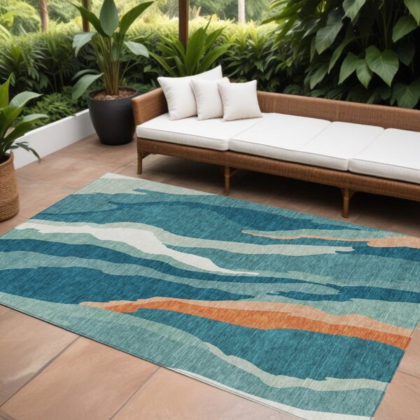 Homeroots 8' X 10' Teal Blue Copper And Ivory Abstract Washable Indoor Outdoor Area Rug 601011 - main