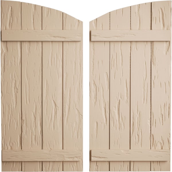 Ekena Millwork Pecky Cypress 4 Board Joined Board-n-Batten w/Elliptical Top Faux Wood Shutters, 22"W x 30"H SHUBJL22X30PCPR - main