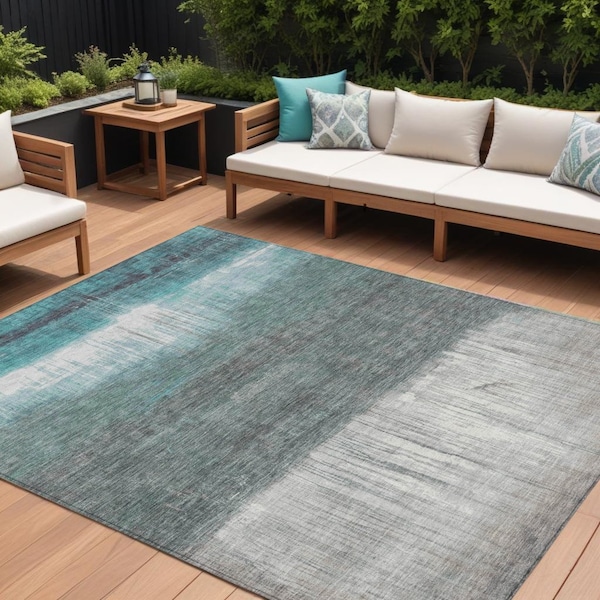 Homeroots 8' X 10' Teal Blue And Gray Abstract Washable Indoor Outdoor Area Rug 632062 - main