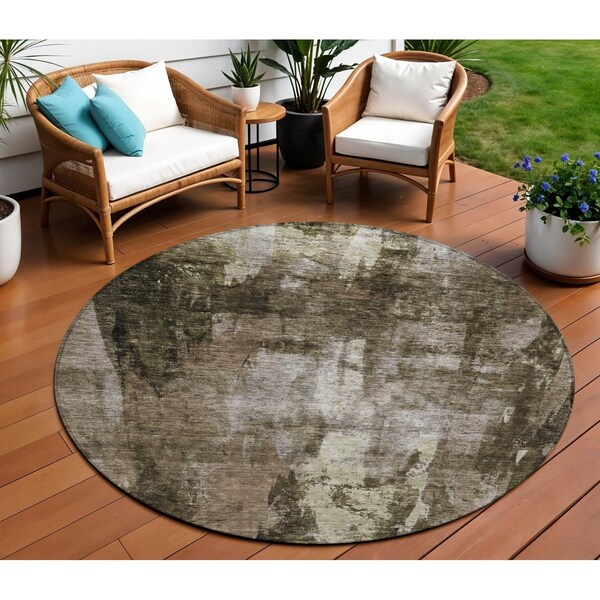 Homeroots 8' Brown Black And Beige Round Abstract Washable Indoor Outdoor Area Rug 603157 - main