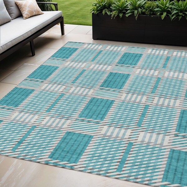 Homeroots 5' X 8' Teal Blue Gray And Ivory Plaid Washable Indoor Outdoor Area Rug 597590 - main