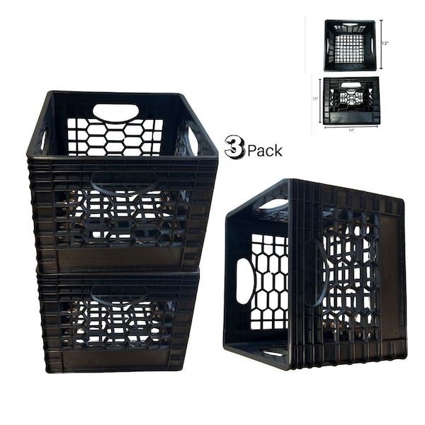 Cratemate Heavy Duty Multi-Purpose Milk Crate Storage, Black, 11 in H, 13 in W, 13 in L, 3 PK MC16QT-BL-3 - main