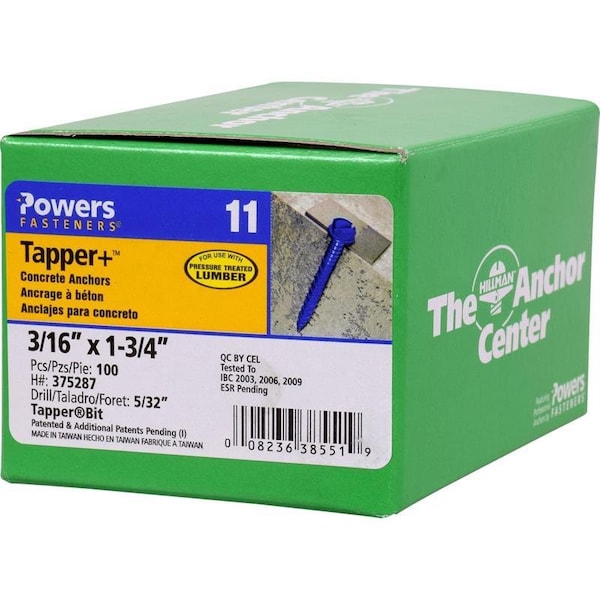 Hillman Tapper 3/16 in. D X 1.75 in. L Steel Hex Head Concrete Screw Anchor, 100PK 375287 - main