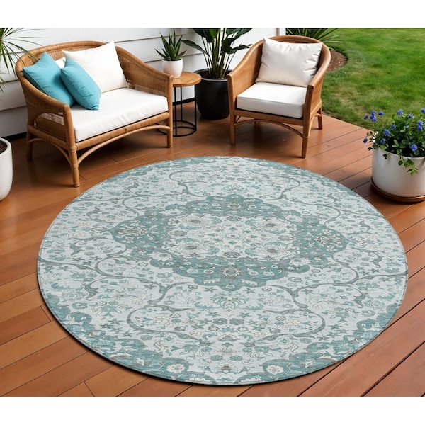 Homeroots 8' Teal Blue And Ivory Round Medallion Washable Indoor Outdoor Area Rug 617469 - main