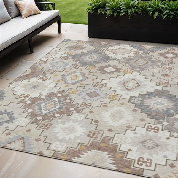 Homeroots 5' X 8' Ivory Gold And Gray Southwestern Washable Indoor Outdoor Area Rug 632270 - main