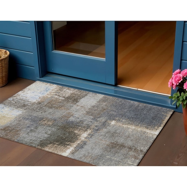 Homeroots 3' X 5' Khaki And Brown Abstract Washable Indoor Outdoor Area Rug 609292 - main