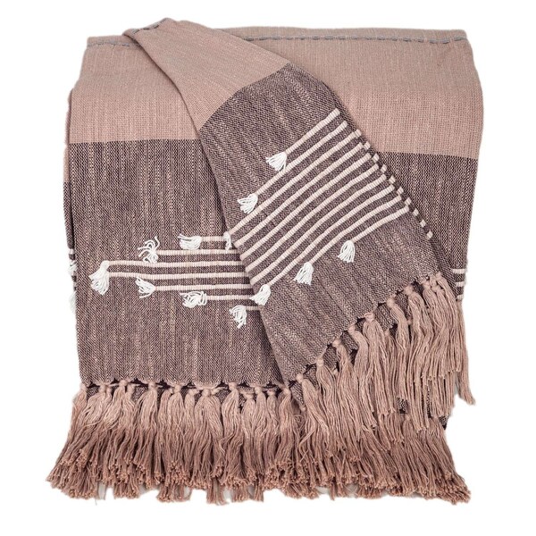 Homeroots 50" X 60" Taupe and Gray Woven Cotton Striped Throw Blanket with Fringe 548937 - main
