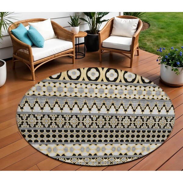 Homeroots 8' Charcoal Gray And Gold Round Quatrefoil Washable Indoor Outdoor Area Rug 583212 - main