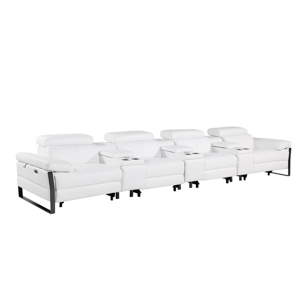 Homeroots 169" White Top Grain Leather Reclining Metal USB Sofa 720352 - main
