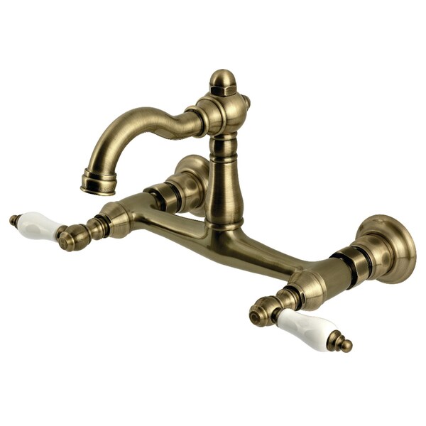 Kingston Brass Two-Handle Wall Mount Bridge Kitchen Faucet, Antique Brass KS3253PL - main
