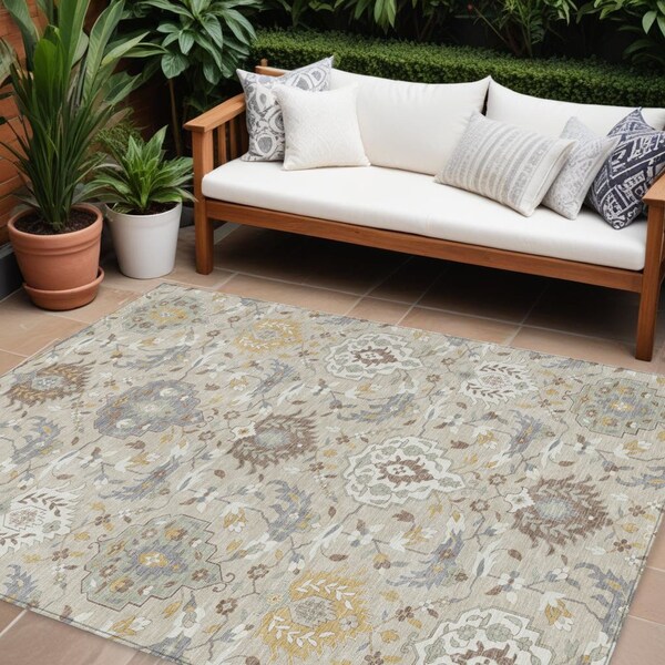Homeroots 9' X 12' Beige Brown And Green Damask Washable Indoor Outdoor Area Rug 599398 - main