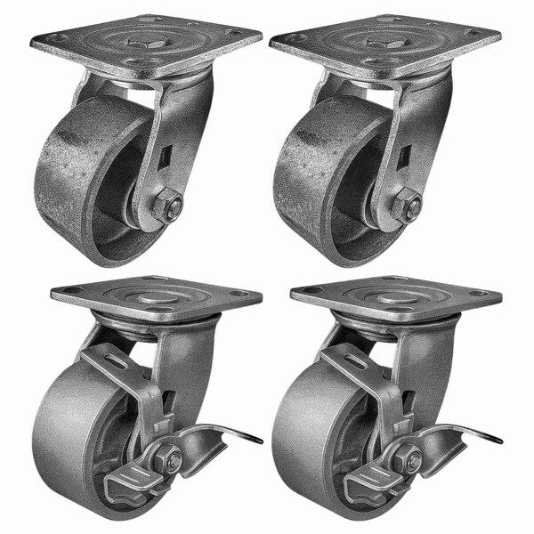 Hyw Products Heavy Duty Caster Set 4in Steel Wheels, 2 Swivel & 2 Swivel with Brake, 4PK 40-40S-A1-SS-2,40-40S-A1-SS-TB-2 - main