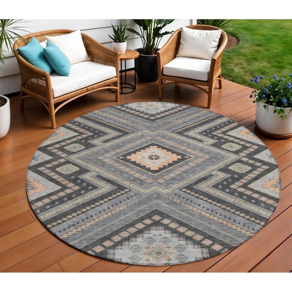 Homeroots 8' Gray Charcoal And Pink Round Tribal Washable Indoor Outdoor Area Rug 598126 - main