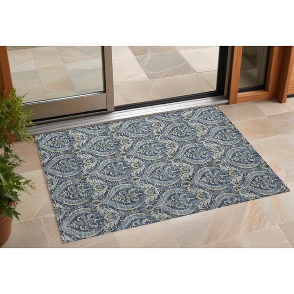 Homeroots 3' X 5' Blue and Cream Damask Washable Non Skid Indoor Outdoor Area Rug 563865 - main