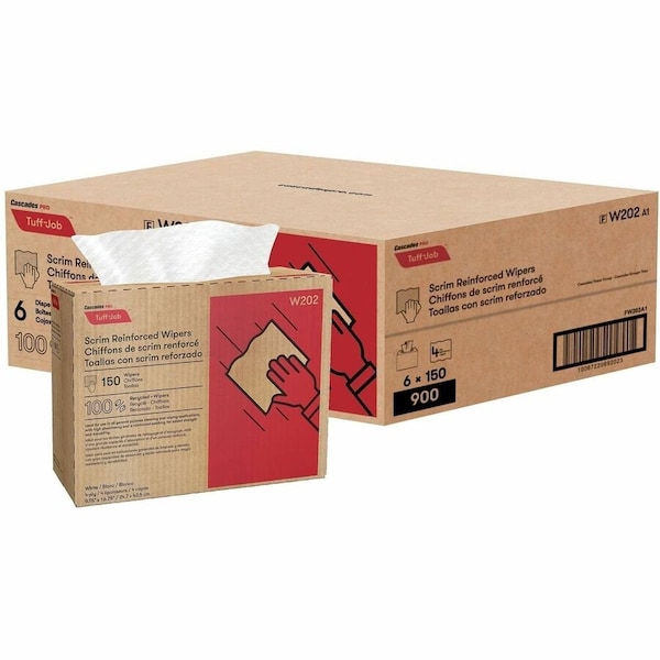 Cascades Pro Tuff-Job Scrim Reinforced Wipers, 9 3/4 x 16 3/4, White, 150/Box, 6PK W202 - main