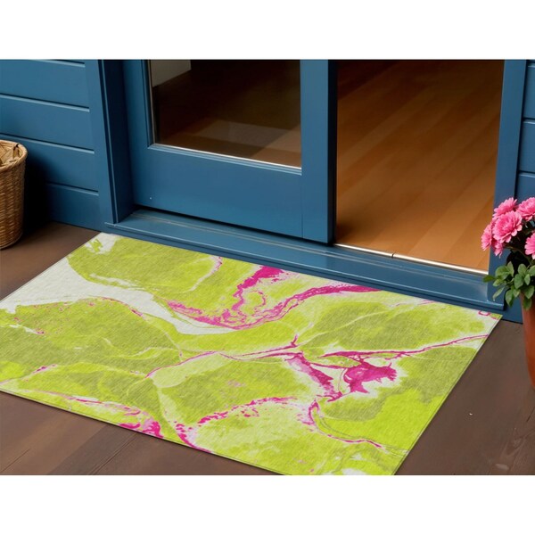 Homeroots 3' X 5' Lime Green Neon Pink And Ivory Abstract Washable Indoor Outdoor Area Rug 597782 - main
