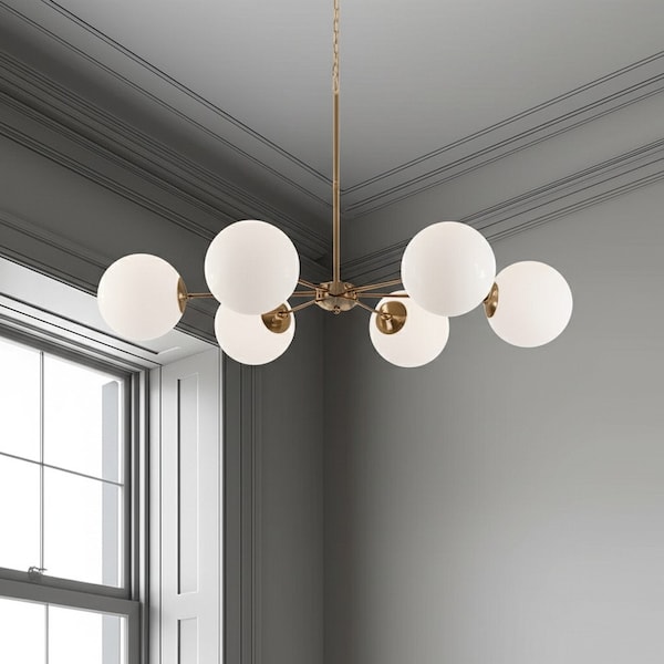 Homeroots Gold Sputnik Six Light Frosted Metal Dimmable Chandelier With White Shades 611341 - main