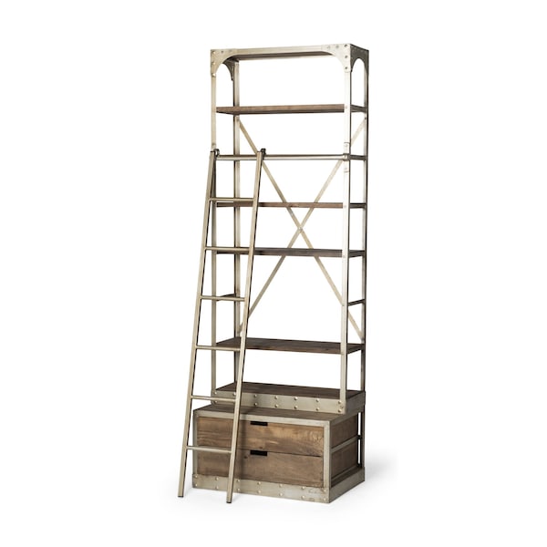 Homeroots 32" Light Brown And Nickel Metal and Solid Wood Six Tier Library Bookcase with Two Drawers 611032 - main