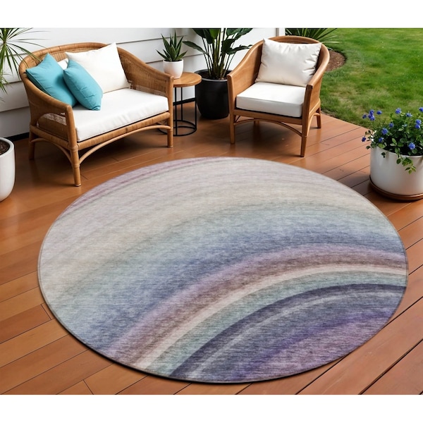 Homeroots 8' Beige Purple And Ivory Round Abstract Washable Indoor Outdoor Area Rug 577285 - main