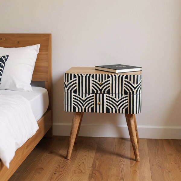 Homeroots 23" Black Ivory And Light Brown Solid Wood Geometric Bone Inlay Two Drawer Nightstand 651580 - main